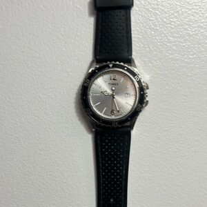 CROWN NEEDING REPAIR- Timex Silver Dial with Black Perforated Strap Men’s Watch
